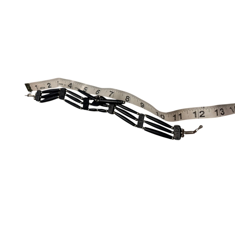 Vintage Black Multi Strand Horn Bead Choker Necklace Carved‎ Spacers Silver Tone - Picture 4 of 5